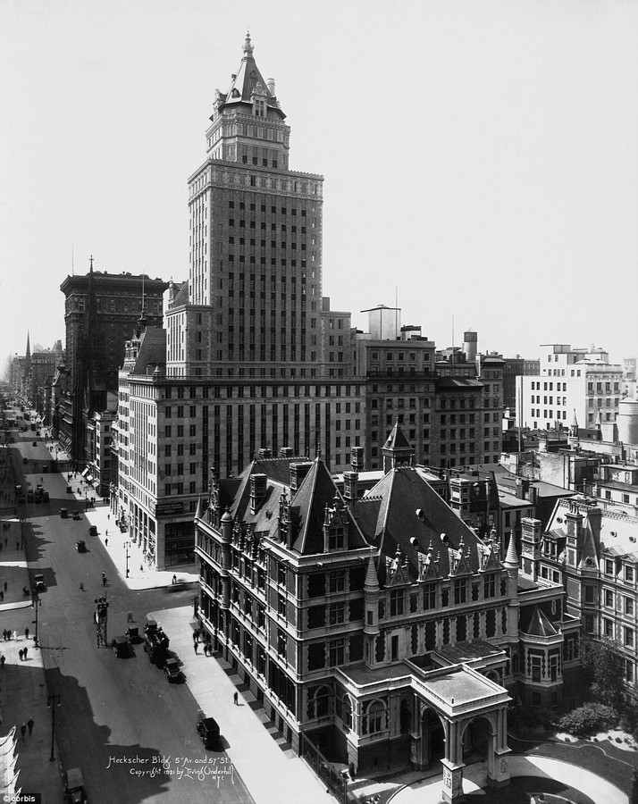 Grand dame: A view up Fifth Avenue with the Heckscher Building, or Crown Building, and residence of Cornelius Vanderbilt in 1921