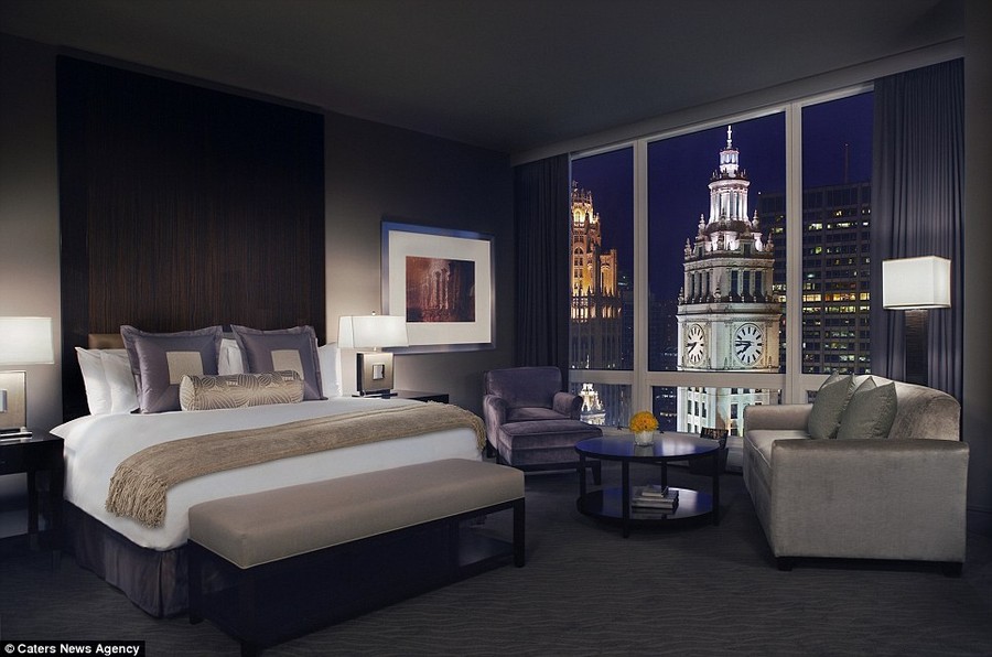 At the five-star Trump Hotel Chicago, luxury rooms overlook the Wrigley Building Clock Tower