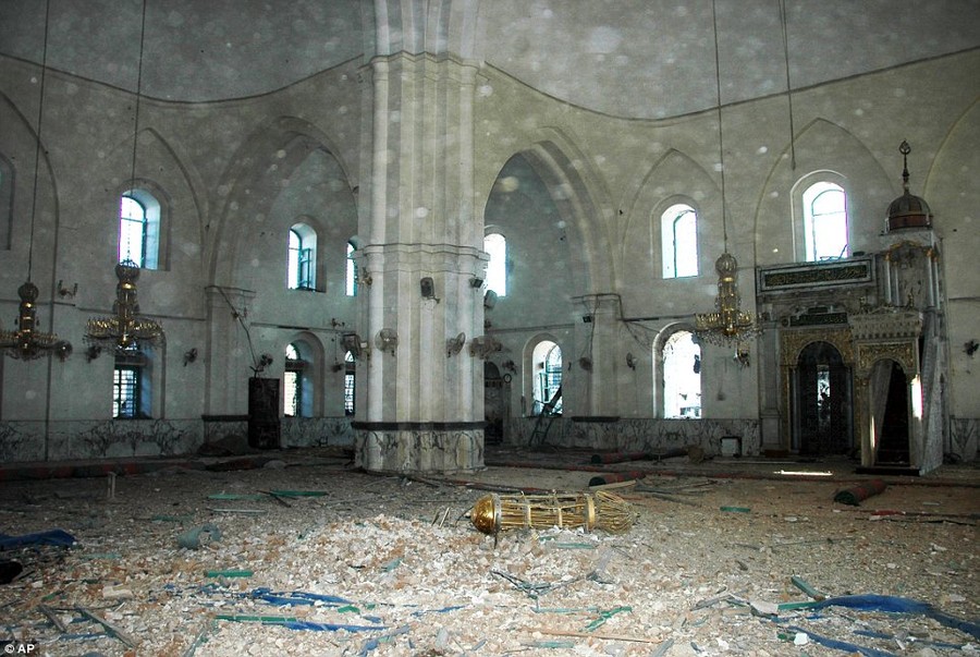 Tragic: The once glorious Khalid Ibn al-Walid Mosque in the heavily disputed northern neighborhood of Khaldiyeh, Homs, lies in ruins after being hit by shells during the long bombardment of the city