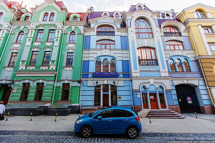 Colourful: Ironically, given the site cleared to make space for it, the Vozdvyzhenka development apes the Baroque and modernist architectural styles of 19th Century Kiev