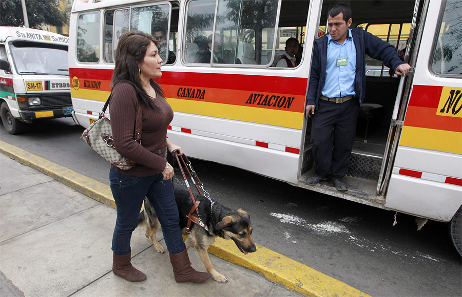 Кондуктор не пускает Джейн Косар с собакой-поводырем в автобус. © Mariana Bazo/Reuters