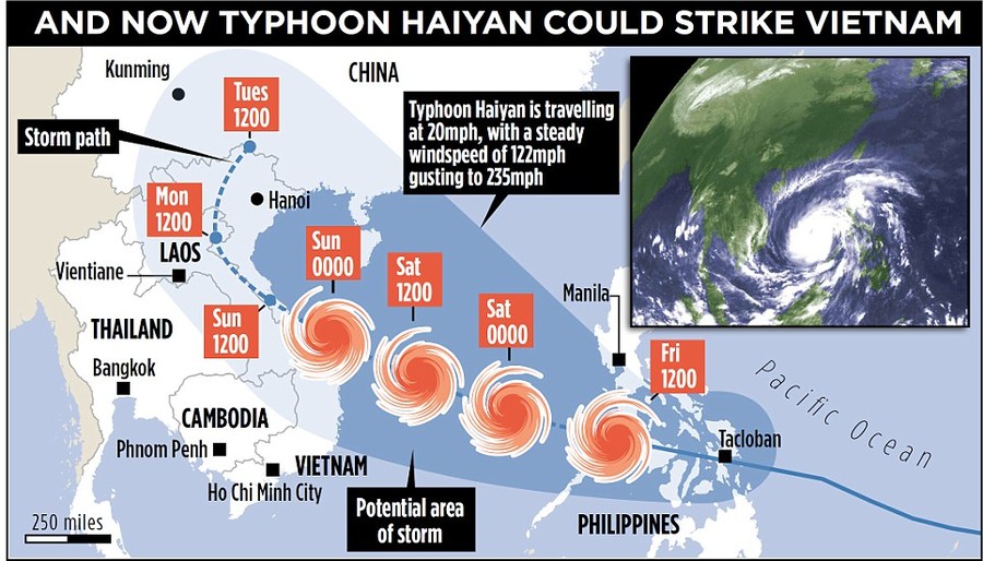 Path: Once the typhoon has reached the coast of Vietnam it is expected to moved towards the capital, Hanoi, with parts of Laos and Cambodia also likely to be affected
