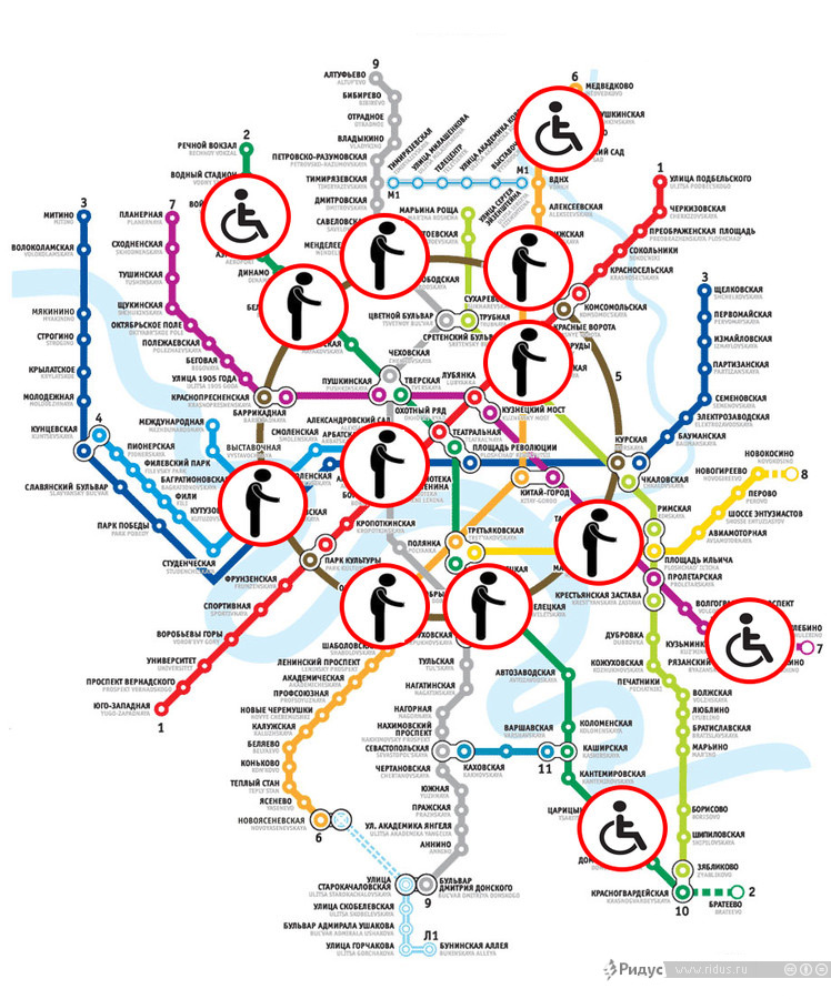Схема мест работы попрошаек в столичном метрополитене. © Дмитрий Найдин/Ridus.ru