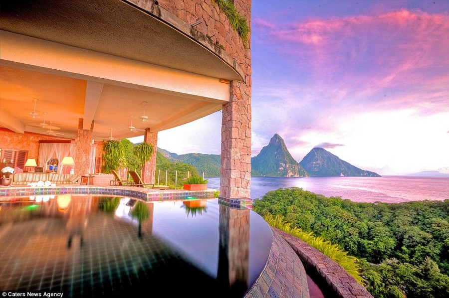 Located above the 600-acre beach front resort of Anse Chastanet, Jade Mountain in St. Lucia gives guests remarkable views of both the Piti and Gros Piton mountains