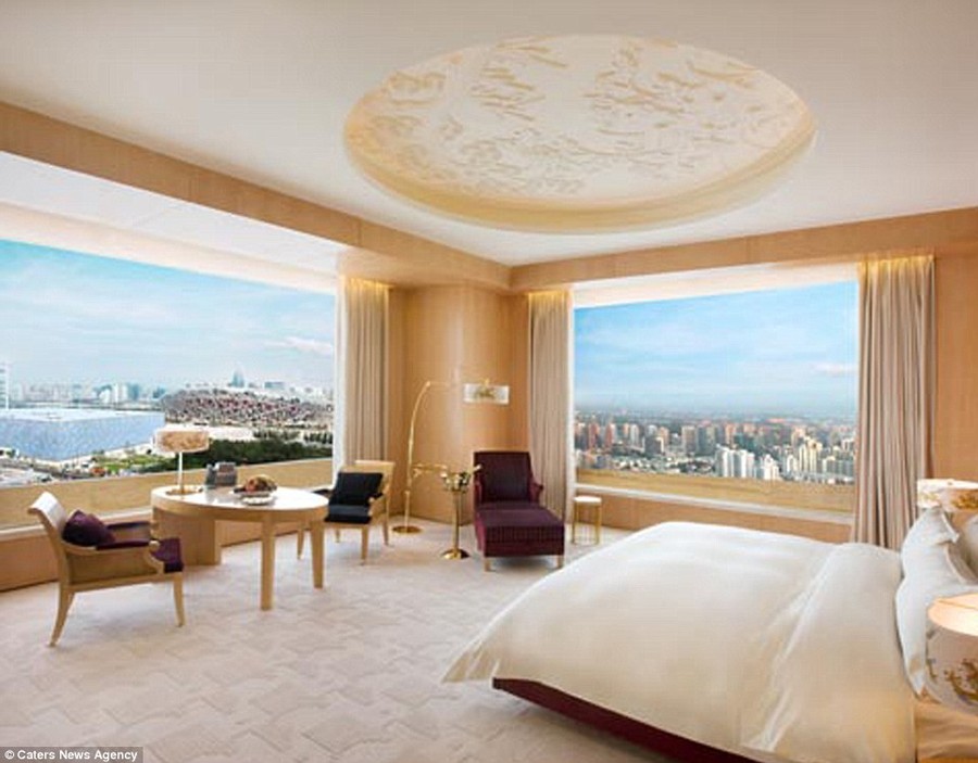The Pangu 7-Star Hotel in Beijing, China, offers amazing views of the 'Bird's Nest' National Stadium