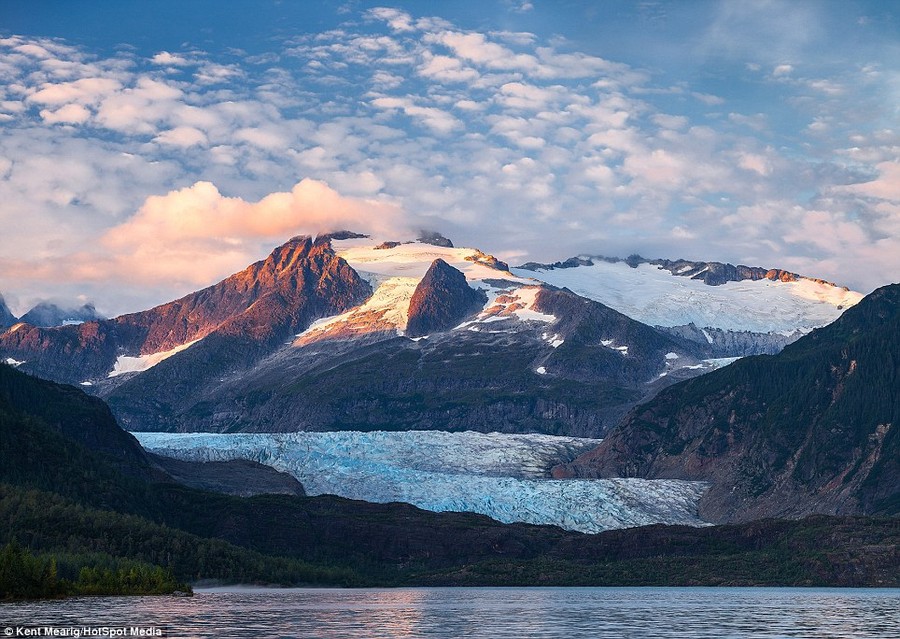 Exterior: The Mendenhall Glacier as seen from the outside. The ice sheet stretches for 12 miles from its start at Juneau Icefield to its end at Mendenhall Lake 