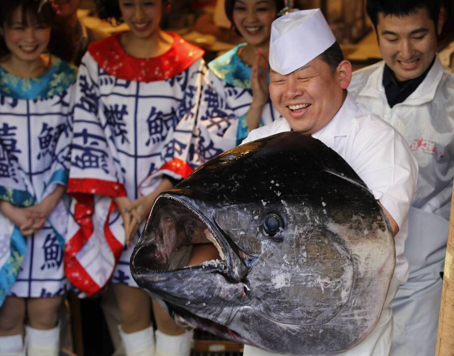 Самый дорогой тунец в мире продан на аукционе на рыбном рынке Токио. © Kim Kyung-Hoon/Reuters