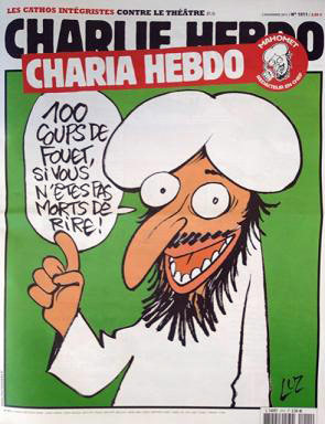 Обложка номера Charlie Hebdo, в котором было объявлено о назначении пророка Мухаммеда главным редактором журнала. Реплика Мухаммеда на обложке: «100 ударов плетью тому, кто не умер со смеху!»