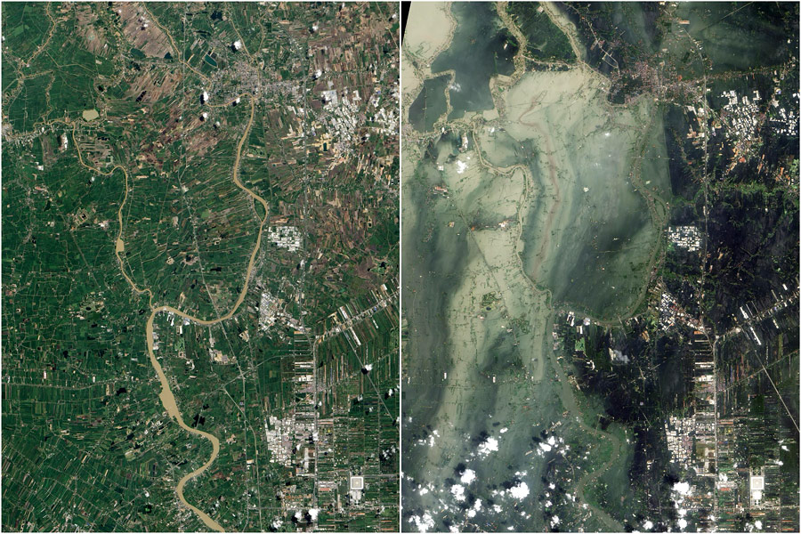До и после наводнения: спутниковые снимки реки Чао Прайя в районе города Аютая в Таиланде. © NASA/Reuters