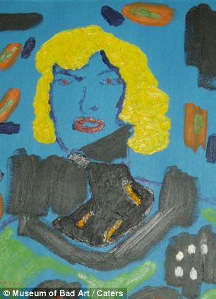 and a blonde woman painted on a blue background 