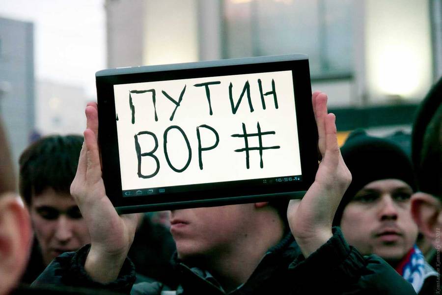 В роли плаката используется планшетный компьютер. Саратов. Митинг 24 декабря.