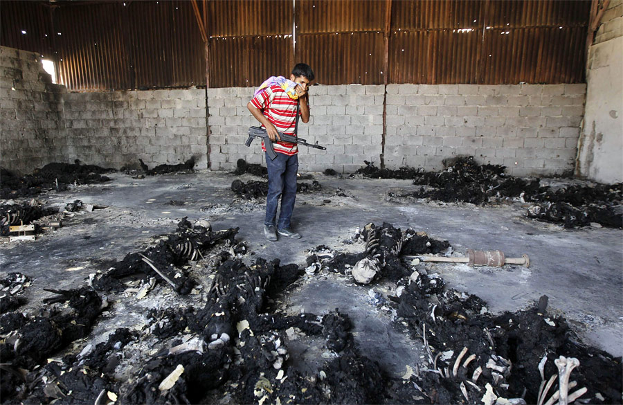 Повстанец смотрит на обугленные тела в военном лагере в Триполи. © Louafi Larbi/Reuters