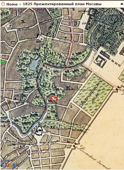 Место стройки отчетливо видно на плане 1825 годы (обведено красным). Уже 200 лет назад здесь был парк