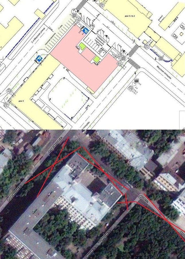 карта из проекта реконструкции ОП РФ (деревья под вырубку обозначены красными крестами)
