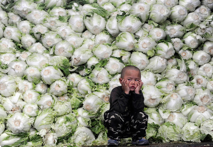 Мальчик сидит на корточках перед горой капусты на китайском оптовом рынке в провинции Чжэцзян © Reuters