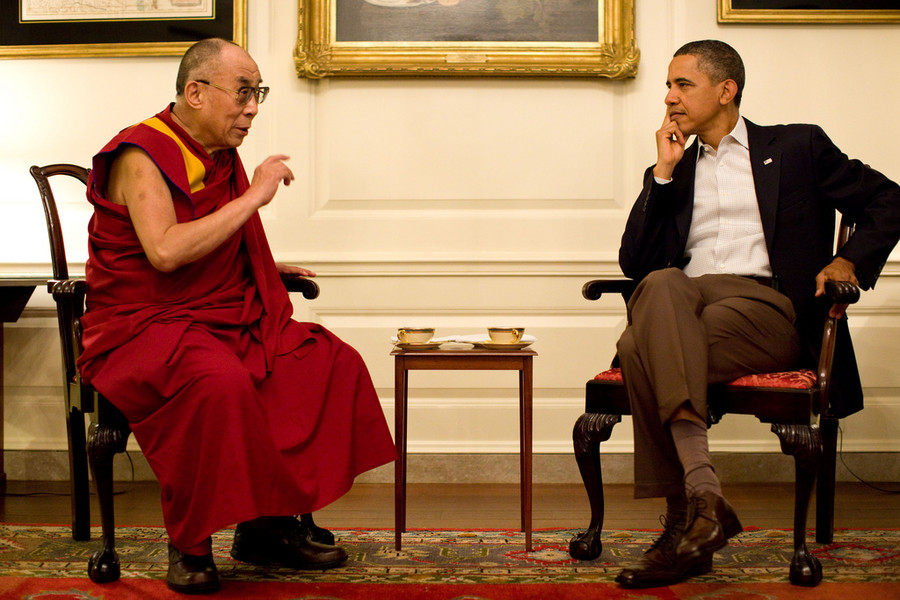President Barack Obama meets with His Holiness the XIV Dalai Lama in the Map Room of the White House, Saturday, July 16, 2011.<br/>(Official White House Photo by Pete Souza)