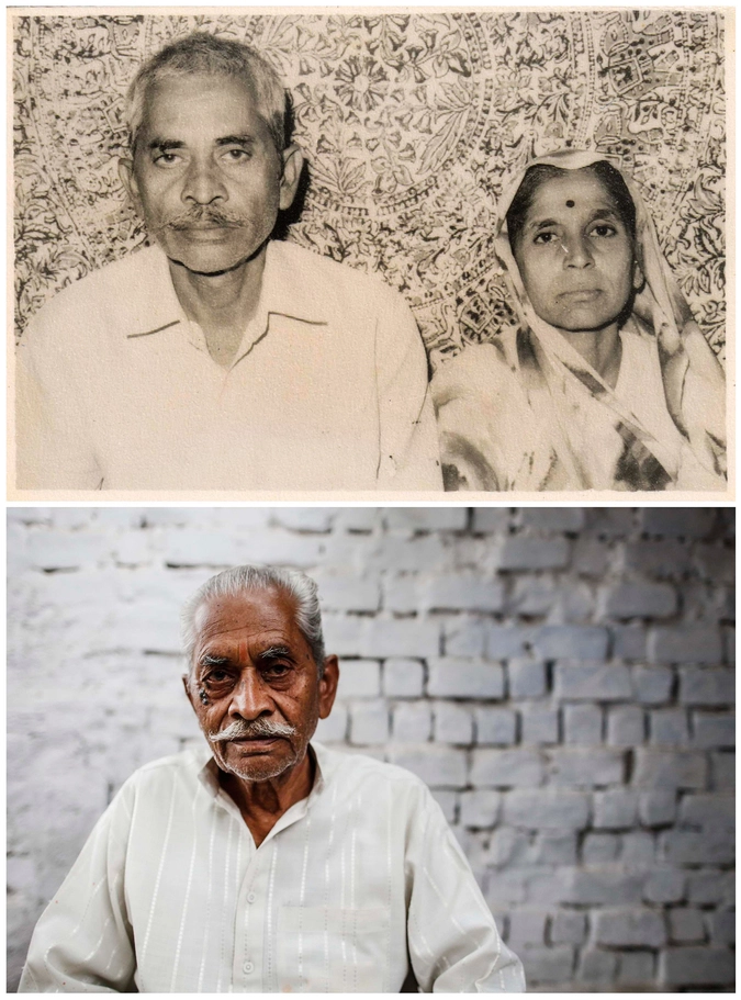 A combination picture shows Ram Chandra (L) with his wife Prema in an undated family photograph (top) and (bottom) Ram Chandra alone in Bhopal November 15, 2014. Chandra said that Prema died as a result of gas poisoning after the 1984 Bhopal disaster. 