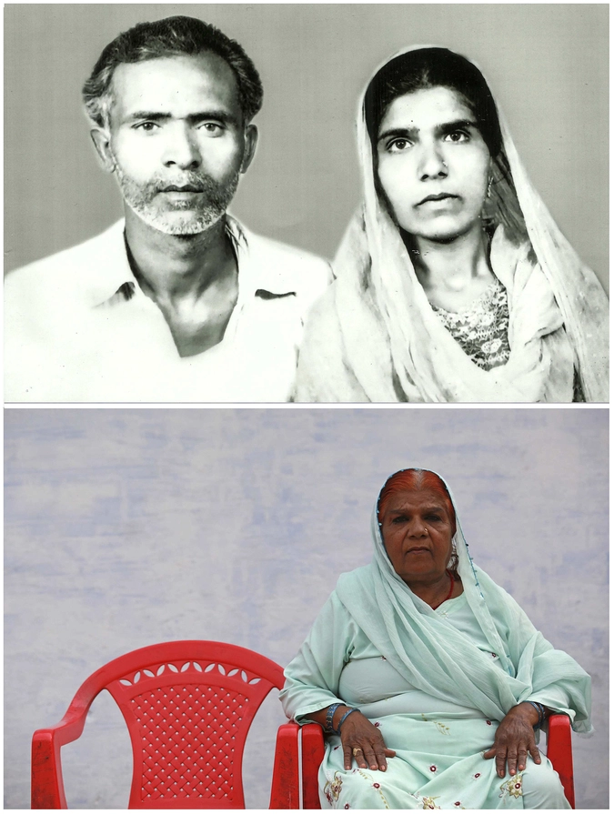 A combination picture shows Aamna (R) with her husband Munawar Ali in an undated family photograph (top) and (bottom) Aamna alone in Bhopal November 13, 2014. Aamna said that Ali died as a result of gas poisoning after the 1984 Bhopal disaster. 
