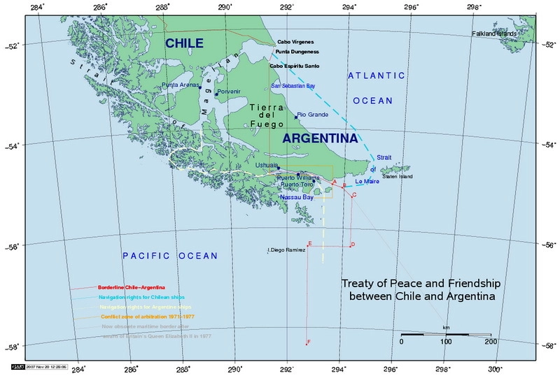 Разграничение в канале Бигль по договору 1984 года. wikimedia.org Разграничение в канале Бигль по договору 1984 года. wikimedia.org