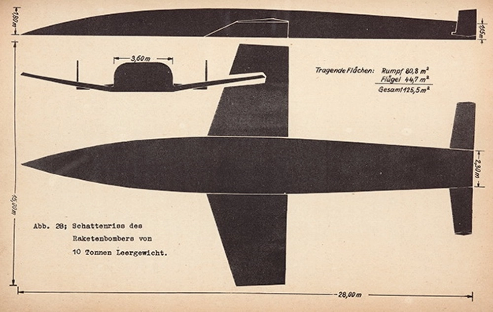 Габаритный эскиз «антиподного» бомбардировщика Эйгена Зенгера. Иллюстрация из отчёта «О ракетном двигателе для дальнего бомбардировщика» (1944) 