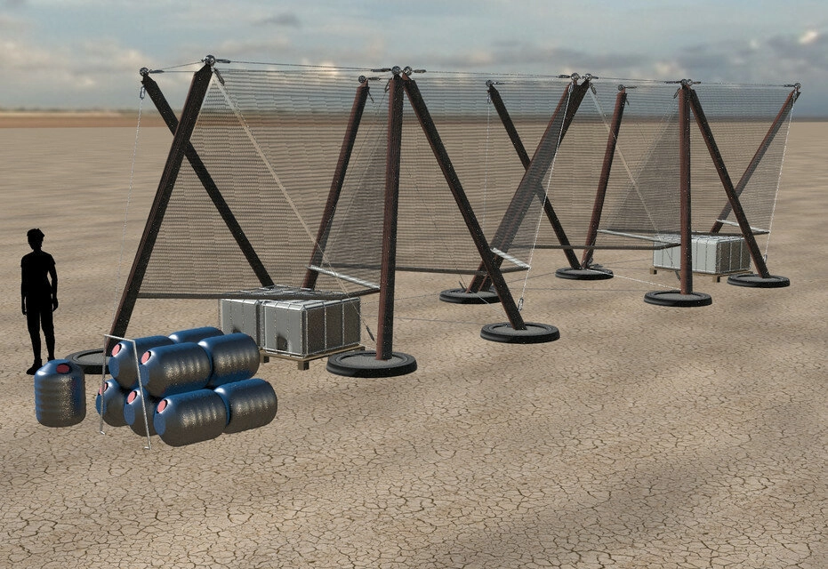 Cистема сбора дождевой воды и тумана. в основе конструкции структура тенсегрити натяжения стальной проволоки и дерева. Cистема сбора дождевой воды и тумана. в основе конструкции структура тенсегрити натяжения стальной проволоки и дерева.