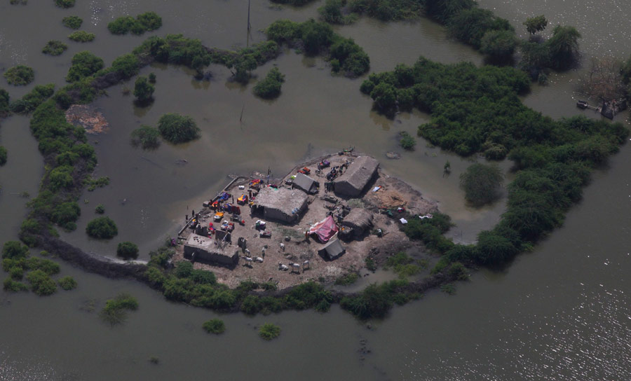 От деревни в затопленном муссонными дождями районе Бадин провинции Синдх в Пакистане над поверхностью воды остался только маленький островок. © Faisal Mahmood/Reuters