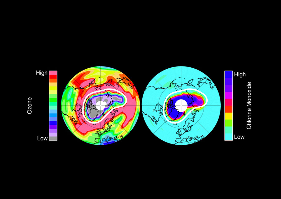 Схема распределения концентраций озона в Арктике. © NASA/JPL-Caltech