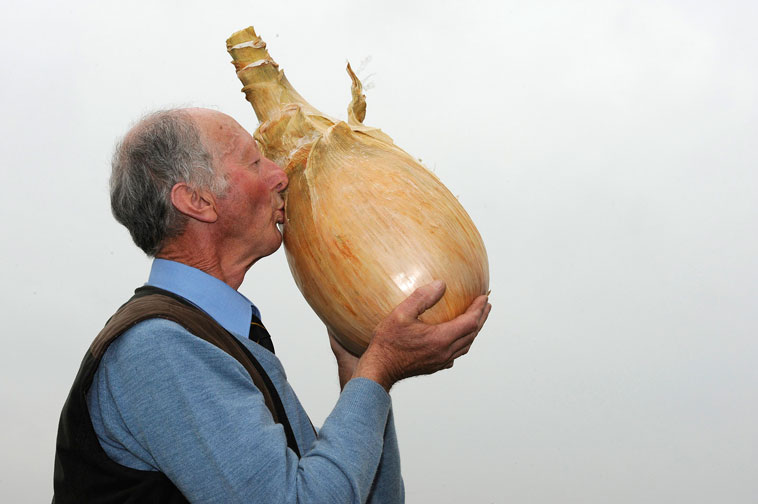 Пит Глейзбрук демонстрирует выращенный лук. © Nigel Roddis/Reuters