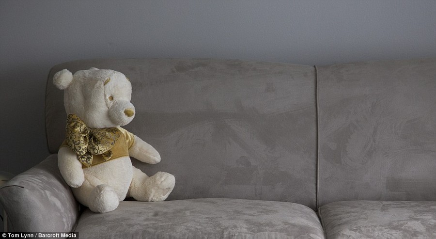 Pride of place: One of Deb Hoffmann's favourite Winnie the Pooh dolls is perched on a sofa at her Wisconsin home