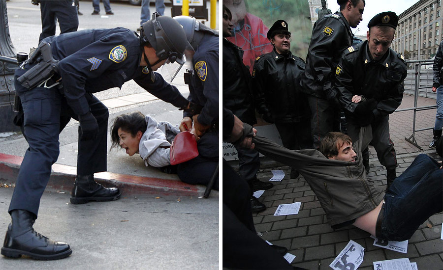 Слева: разгон участников акции Occupy Wall Street в Окленде © Kim White/Reuters; Справа: разгон оппозиционеров в центре Москвы © Антон Белицкий/Ridus.ru