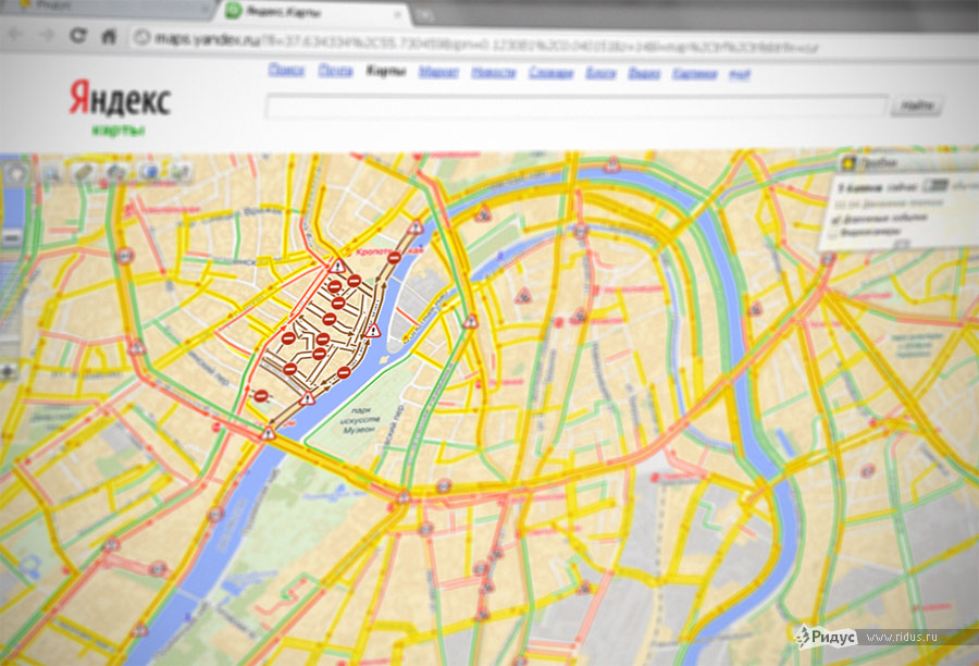 Снимок страницы Яндекс.Карт с информацией о дорожной ситуации вокруг храма Христа Спасителя. © Ridus.ru