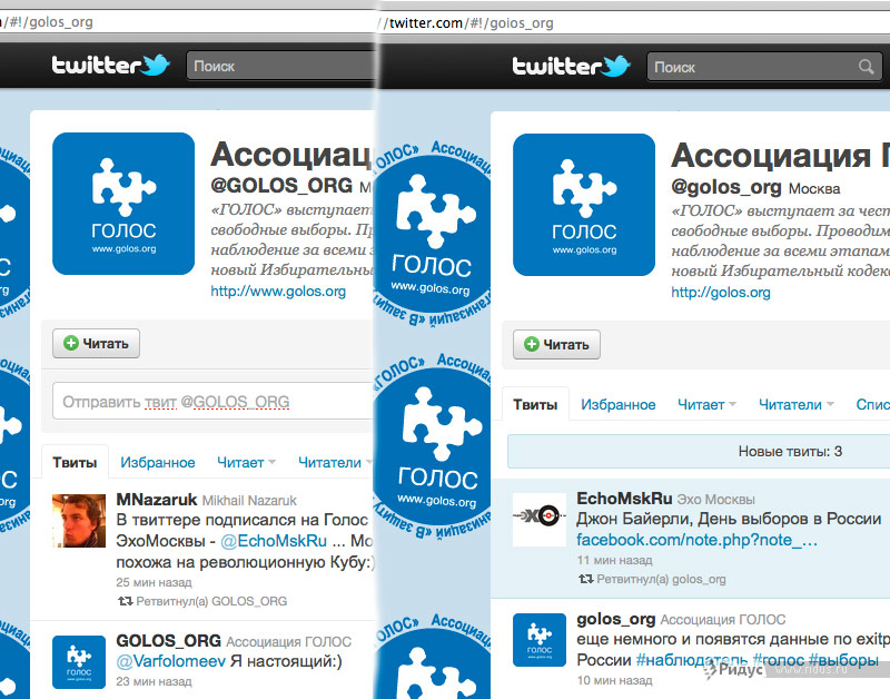 Слева: Официальная страница твиттера ассоциации «Голос». © golos_org; справа: поддельная страница твиттера ассоциации «Голос». © goios_org. Коллаж © Ridus.ru