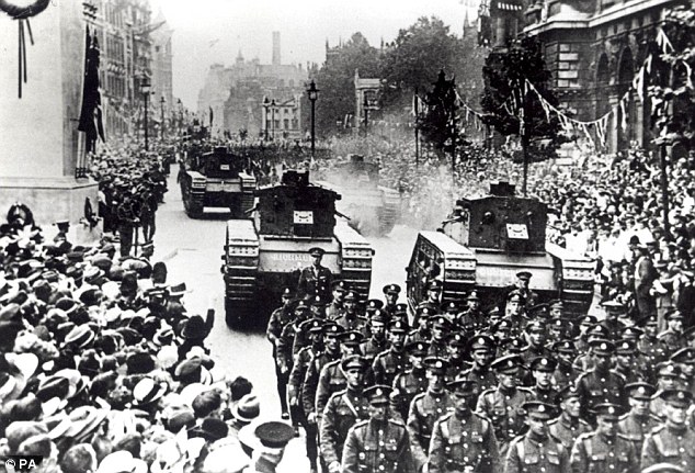 Victory: Tanks took pride of place in parades to celebrate the end of the war, including this 1919 procession down Whitehall