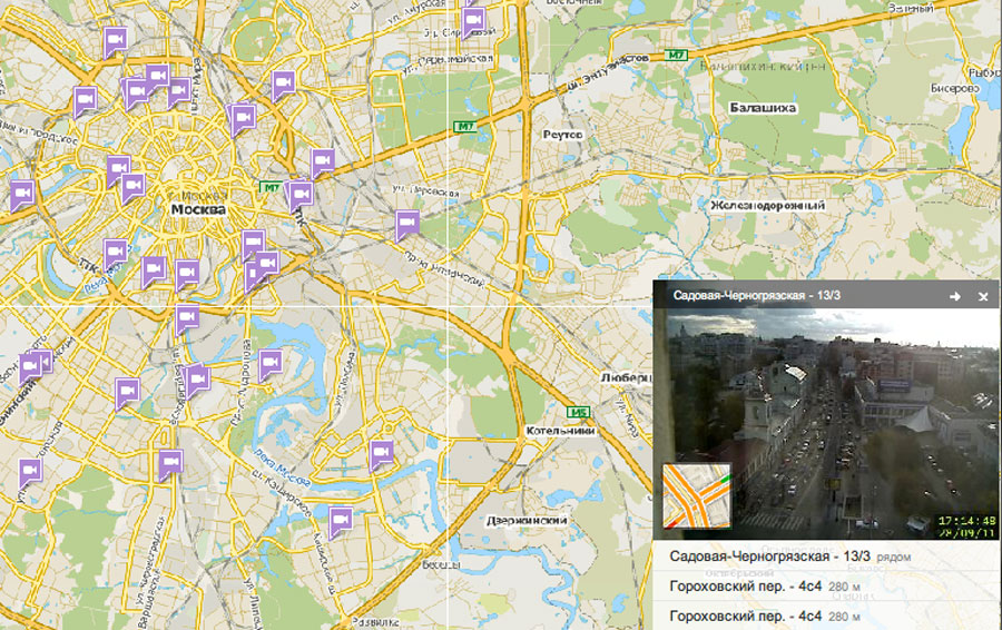 Метки и изображение камер на карте Москвы. © maps.rambler.ru