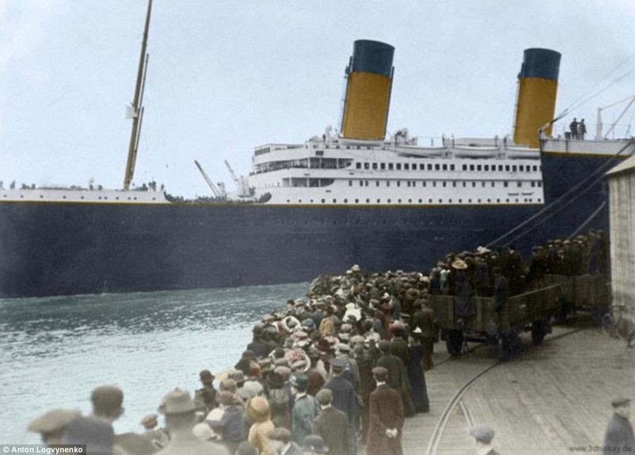 Awesome: The photo editor even coloured in the well-wishers who gathered to wave farewell to The Titanic 