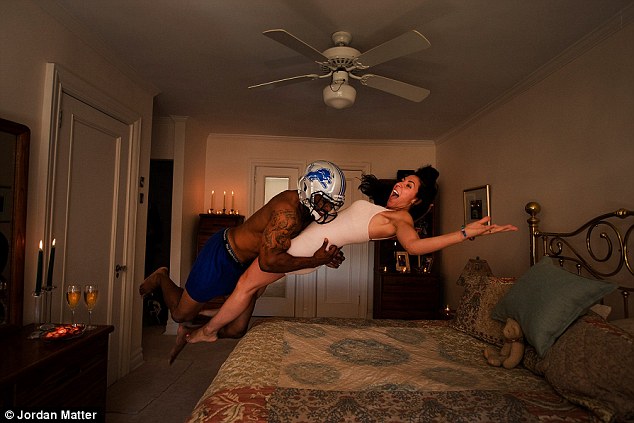 'Valentines Day': NFL Safety Erik Coleman tackles romance in the bedroom. Coleman was photographer by Jordan Matter for the series 'Athletes Among Us'