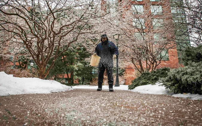 Мужчина бросает гранулы соли на землю, предотвращая падение прохожих.