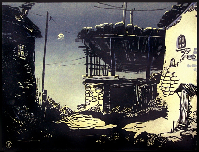 О. Вельганенко. Сарай на окраине. Цветная линогравюра.