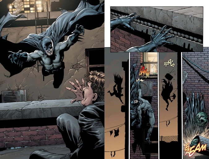 Разворот графического романа Джеффа Джонса и Гэри Фрэнка «Бэтмен: Земля-1. Книга 1»