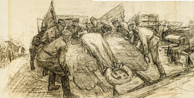 Наши солдаты грузят  «орла» с рейхсканцелярии. Берлин.  Сделано с натуры.