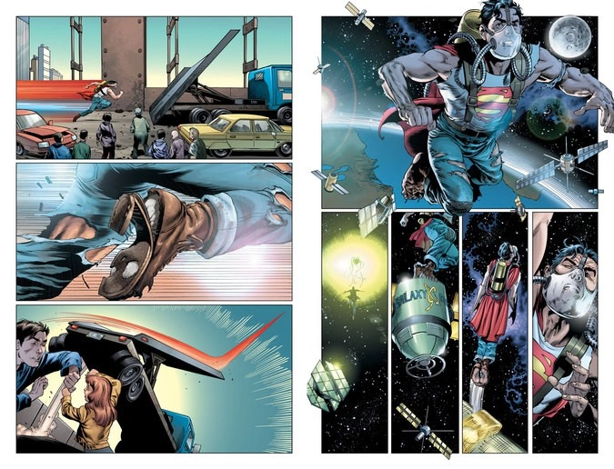 Разворот графического романа «Супермен — Action Comics. Книга 1. Супермен и Люди из Стали»