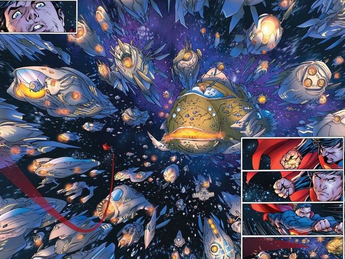 Фрагмент разворота графического романа Скотта Снайдера и Джима Ли «Супермен Непобеждённый»