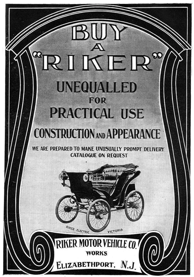 Реклама электромобиля Riker Victoria начала двадцатого века. Машина относилась к люксовому сегменту