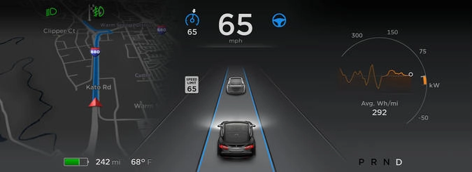 Экран автопилота на цифровой панели приборов Тesla Model S