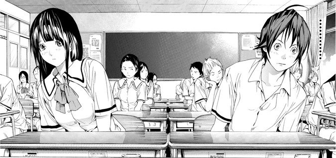 Разворот манги «Бакуман. Книги 1−2»: автор Цугуми Ооба, художник Такэси Обата