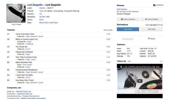 Скриншот с подробным описанием первой пластинки Led Zeppelin. Обратите внимание на авторство песен