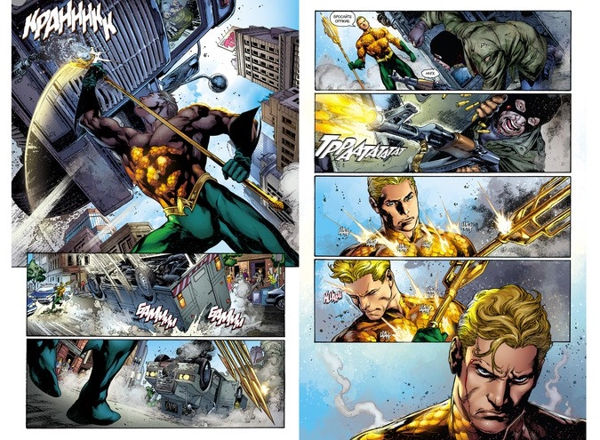 Разворот графического романа Джеффа Джонса и Ивана Рейса «Аквамен. Книга 1: Впадина»