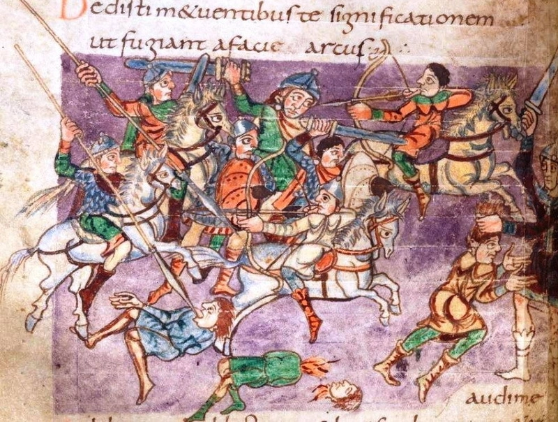 Франки верхом преследуют кочевников-аваров. Миниатюра Штутгартской Псалтыри, около 825 года. 