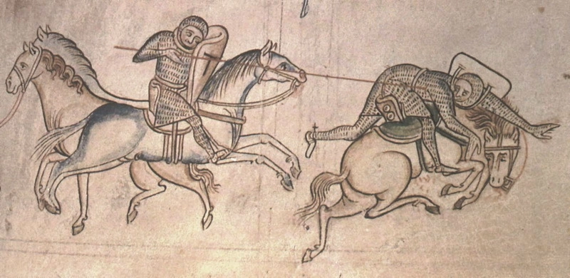 Один рыцарь атакует другого с кушированным копьём. Миниатюра из «Большой хроники» Матвея Парижского, XIII век. 