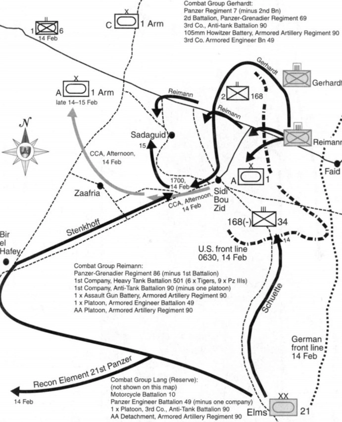 Схема боёв у Сиди-бу-Зида, 14-15 февраля 1943 года Howe G. United States Army in World War II: Northwest Africa: Seizing the Initiative in the West. — Washington: Center of Military History, 1993